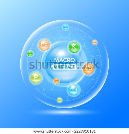 Macro minerals. Essential minerals for human body. Capsules isolated on blue background. Medical scientific concepts. Ad dietary supplement for pharmacy or clinic. 3D Vector EPS10.