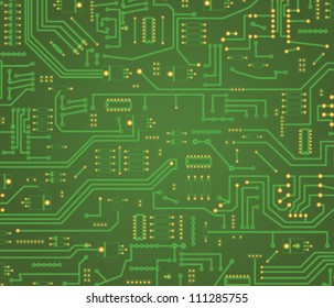 Macro on illustrated green motherboard with circuits