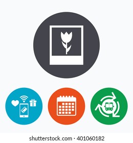 Macro photo frame sign icon. Flower photography symbol. Mobile payments, calendar and wifi icons. Bus shuttle.