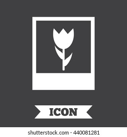 Macro photo frame sign icon. Flower photography symbol. Graphic design element. Flat macro photo symbol on dark background. Vector