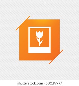 Macro photo frame sign icon. Flower photography symbol. Orange square label on pattern. Vector