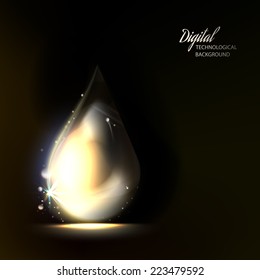Macro of shiny drop on dark background. Vector illustration.
