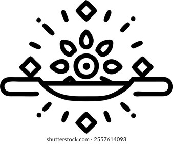 Macro shot of Bhai Dooj offering tray concept as A macro shot of a Bhai Dooj offering tray zooming in on the intricate patterns and glowing decorations. The tray futuristic design reflects a blend of