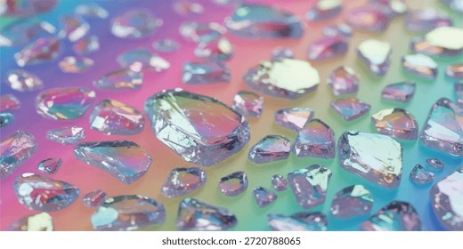 Una foto macro de numerosas gotas de agua descansando sobre un fondo vibrante de color arcoíris, creando un patrón fascinante y abstracto.