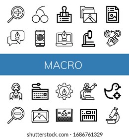 macro simple icons set. Contains such icons as Zoom in, Fountain pen, Cherry, Fingerprint, Clip, Gallery, Microscope, Picture, Photographer, can be used for web, mobile and logo