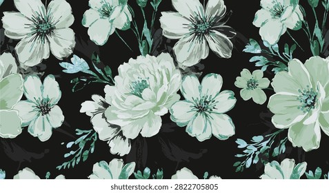 Macro Size Big Scale Cute Vector Flowers, Vector Hand Drawn Art, Leaves,Jungle Theme, Little Flowers, Seamless Pattern Suitable for Printing on Surface, Textile Art, Digital Art, Trendy Colors 