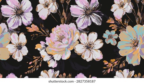 Macro Size Big Scale Cute Vector Flowers, Vector Hand Drawn Art, Leaves,Jungle Theme, Little Flowers, Seamless Pattern Suitable for Printing on Surface, Textile Art, Digital Art, Trendy Colors 