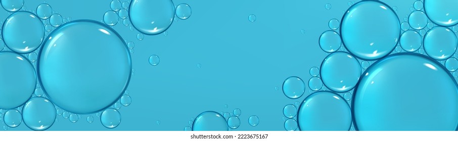 Superficie macro de agua con burbujas, producto cosmético líquido con gotas de aceite sobre fondo azul con espacio de copia. Plantilla de banner con textura abstracta con burbujas, ilustración vectorial realista