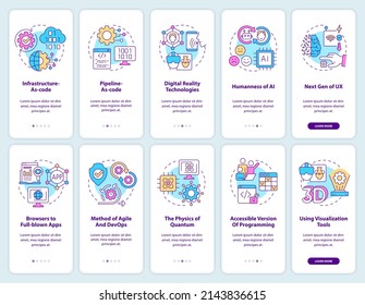 Macro trends onboarding mobile app screen set. Tendencies walkthrough 5 steps graphic instructions pages with linear concepts. UI, UX, GUI template. Myriad Pro-Bold, Regular fonts used