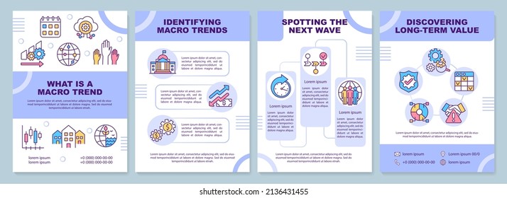 Macro trends purple brochure template. Innovations and growth. Leaflet design with linear icons. 4 vector layouts for presentation, annual reports. Arial-Black, Myriad Pro-Regular fonts used