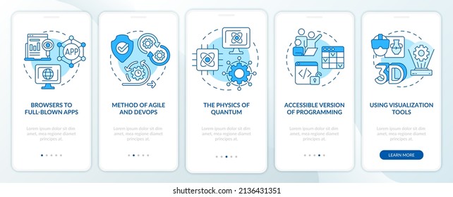 Macro trends in technology blue onboarding mobile app screen. Innovations walkthrough 5 steps graphic instructions pages with linear concepts. UI, UX, GUI template. Myriad Pro-Bold, Regular fonts used