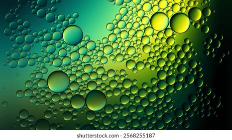Macro view background with transparent oil droplets in water on harmonious gradient blend of green and yellow hues. Closeup vibrant beauty of oil bubbles on water with rich colors. Vector illustration