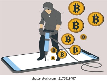 Macro view of miner working for bitcoins mine pool. Devices and technology for mining cryptocurrency. Mining cryptocurrency concept. Bitcoin mining concept. Business man digging coin from the rock.