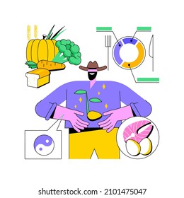 Macrobiotic diet abstract concept vector illustration. Seasonal food, balanced plate, fresh vegetables and whole grains, personal healthy diet, organic nutrition, fresh salad abstract metaphor.