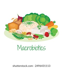 Macrobiotics diet food icon set vector. Rice, tofu, cereals, legumes, seaweed, vegetables vector illustration. Pile of healthy fresh food drawing. Macrobiotic diet icon set on a white background