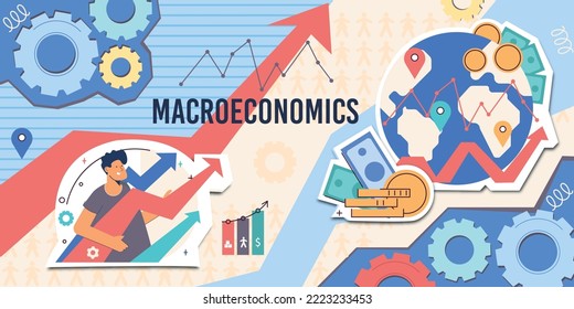 Macroeconomics cut paper collage with business localization labels applied in globe image and vectors of economic growth flat vector illustration