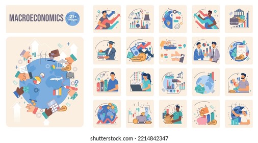 Macroeconomics flat composition consisting of twenty one images depicting cooperation of international finance and global markets vector illustration