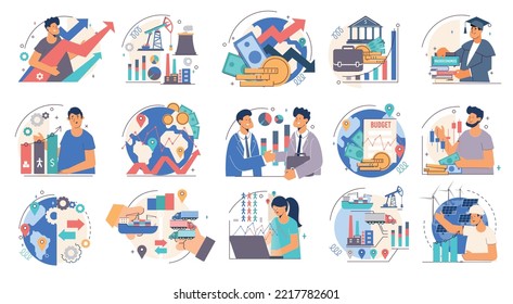 Makroökonomisches Flachset von Industrie- und Banksymbolen von Geschäftsleuten und Wissenschaftlern, Charaktere von Bewertungen und Trends, einzelne Vektorgrafik