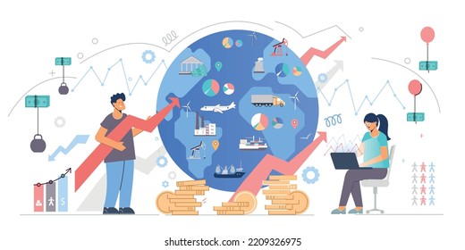 Macroeconomics flat vector illustration with globe image in centre and currency tied to balloons and kettlebells symbolizing changing market