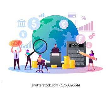 Macroeconomics, Gross Domestic Product. Tiny Characters Finance Gdp Money Budget and Positive Whole Stock Capital Income Rate. Global Money Study and Basic Economy. Cartoon People Vector Illustration