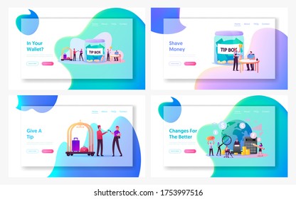 Macroeconomics, Hospitality, Hostess Landing Page Template Set. People Paying Tips to Service Staff in Restaurant and Hotel. Tiny Characters Finance Gdp Money Budget Rate. Cartoon Vector Illustration