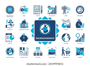 Macroeconomics icon set. National Income, Investment, Taxation, Consumption, Inflation Rate, Savings, Trade, Price Index. Duotone color solid icons