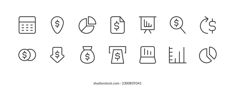 conjunto de iconos de línea macroeconómica con trazo editable. Colección de esquema de objetos vectoriales. Paquete de iconos premium