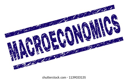 MACROECONOMICS stamp seal watermark with scratced style. Blue vector rubber print of MACROECONOMICS text with unclean texture. Text caption is placed between parallel lines.