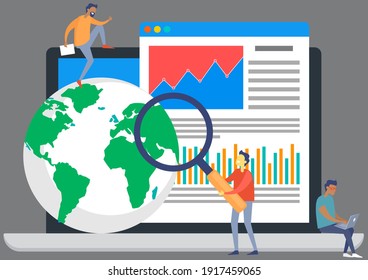 Macroeconomics, study of world economy. Flat tiny persons with magnifying glass and finance chart. Global money study and basic economy knowledge. Managers specialists analyze economic indicators
