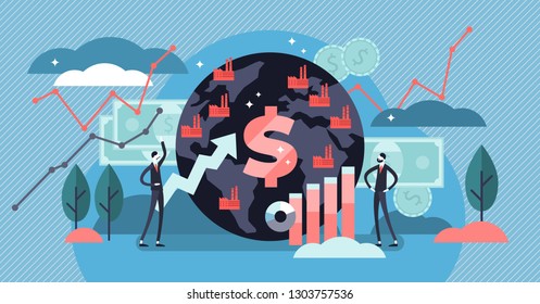 Ilustração vetorial de macroeconomia. Conceito de pessoas de gráfico financeiro minúsculo plano. Gráfico de orçamento monetário do PIB global. Taxa de renda de capital de ações total positiva. Estudo de dinheiro global e conhecimento básico de economia.