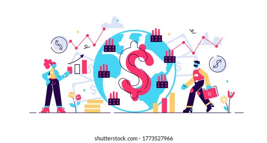 Ilustración vectorial de la macroeconomía. El concepto de personas con un gráfico de finanzas mínimo y plano. Gráfico presupuestario del PIB global. Tasa de ingresos de capital accionario total positiva. Estudio monetario global y conocimiento básico de la economía.