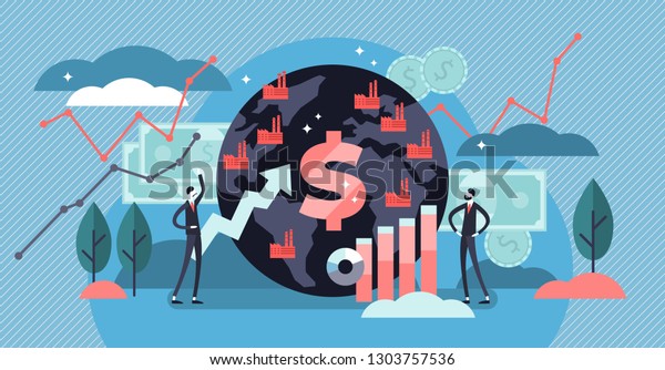 Macroeconomía ilustración vectorial. Concepto de personas con un gráfico financiero plano. Gráfico presupuestario del PIB global. Tasa positiva de renta de capital social total. Estudio monetario global y conocimiento básico de la economía.