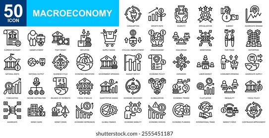 Macroeconomy icon collection set. Stock market, global economy, trade, circular economy, market and economy icon. Simple line vector.