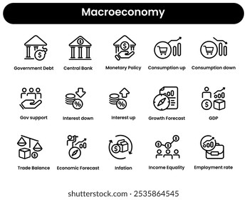 Símbolo da linha de traço da recolha do conjunto ícone da macroeconomia da taxa de juro do produto interno bruto do PIB por dívida pública do banco central 