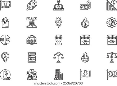 A coleção de ícones da macroeconomia é uma ilustração vetorial com traço editável.