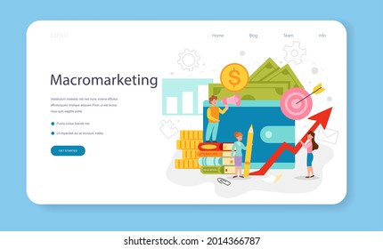 Macromarketing web banner or landing page. Business promotion educational school course, customer communication and product advertising through social networks. Flat vector illustration