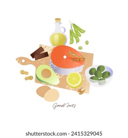 Macronutrient illustration, good fats set. Balanced diet concept. Cutting board with salmon steak, halved avocado, green olives in plate, soy beans, chicken eggs, various nuts and dark chocolate