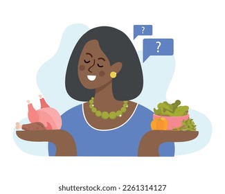 Macronutrients flat background composition with cartoon style black woman holding meat and greens on her hands vector illustration