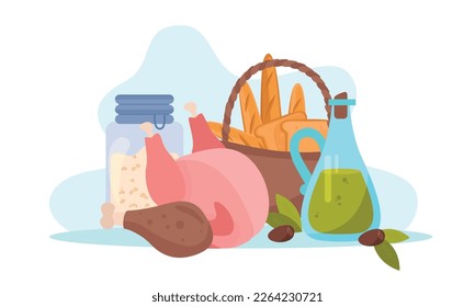 Macronutrients flat composition with blank background and bunch of raw products meat bread and oil jar vector illustration