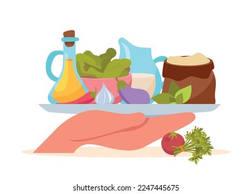 Macronutrients flat composition with front view of human hand holding tray with protein containing food products vector illustration