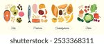 Macronutrients food groups. Cartoon balanced meal with proteins carbs and fats, healthy nutrition with complex proteins and fats. Vector isolated set.