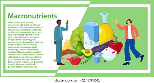 Macronutrients.Proper nutrition planning.People are discussing the usefulness of proteins, carbohydrates, fats and fiber.