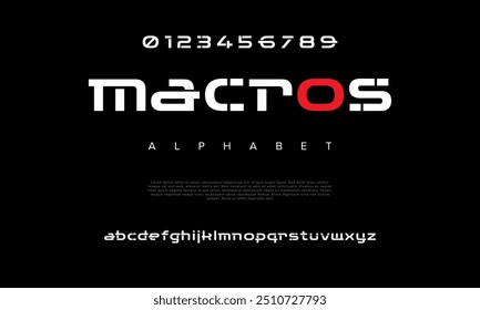 Macros creative modern geometric urban alphabet font. Digital abstract futuristic, game, techno, robot, music, logo, sport, minimal technology typography. Simple numeric vector illustration