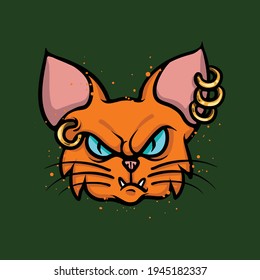 Mad, angry, grumpy wild cat stare down with cynical expression. Animal head cartoon drawing concept. Illustration with stipple effect isolated on dark background