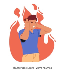 Mad angry young man cartoon character burning in flame of fury and rage touching head with hands isolated on white. People aggressive negative emotion, stress and burnout vector illustration