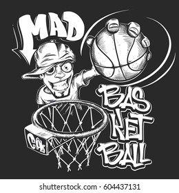 Mad basketball slam t-shirt print design vector illustration.