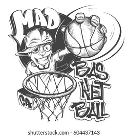 Mad basketball slam t-shirt print design vector illustration