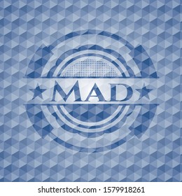 Mad blue emblem or badge with abstract geometric polygonal pattern background. Vector Illustration. Detailed.