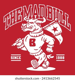 The Mad Bull Mascot Character Design in Sport Vintage Athletic Style Hand Drawing Vector