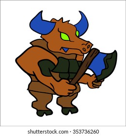 Mad Bull Standing With Axe, Horne and Green Eyes Cartoon Vector